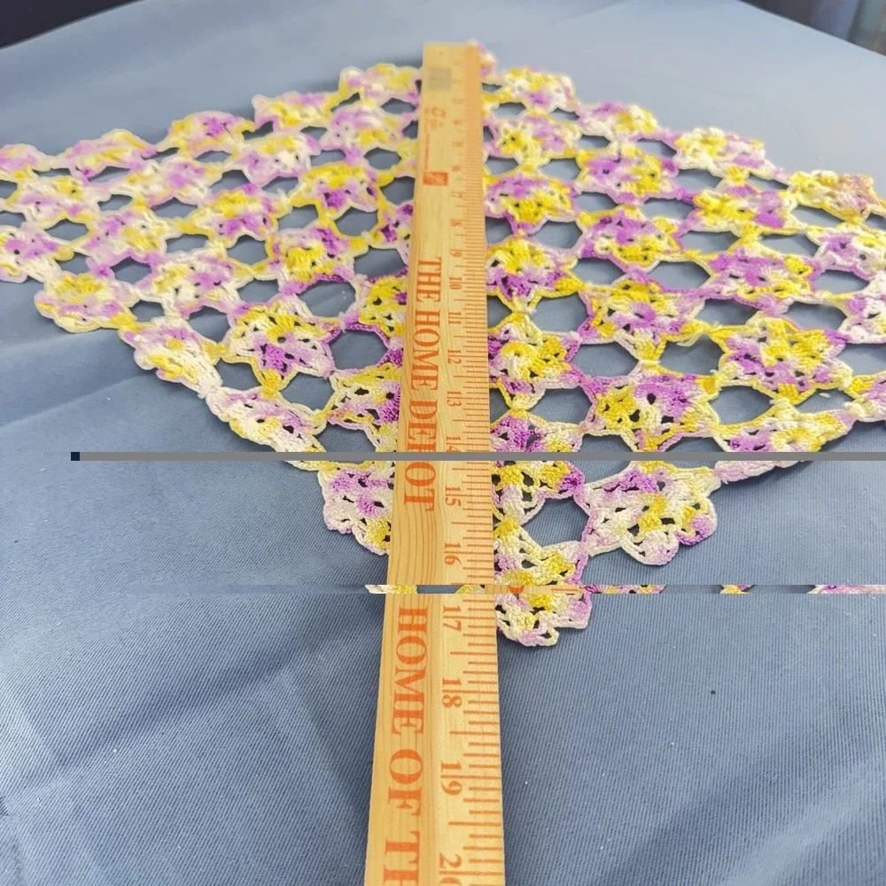 Vintage Hand Crocheted Doily Or Dresser Scarf, Geometric Design, Yellow, Purple